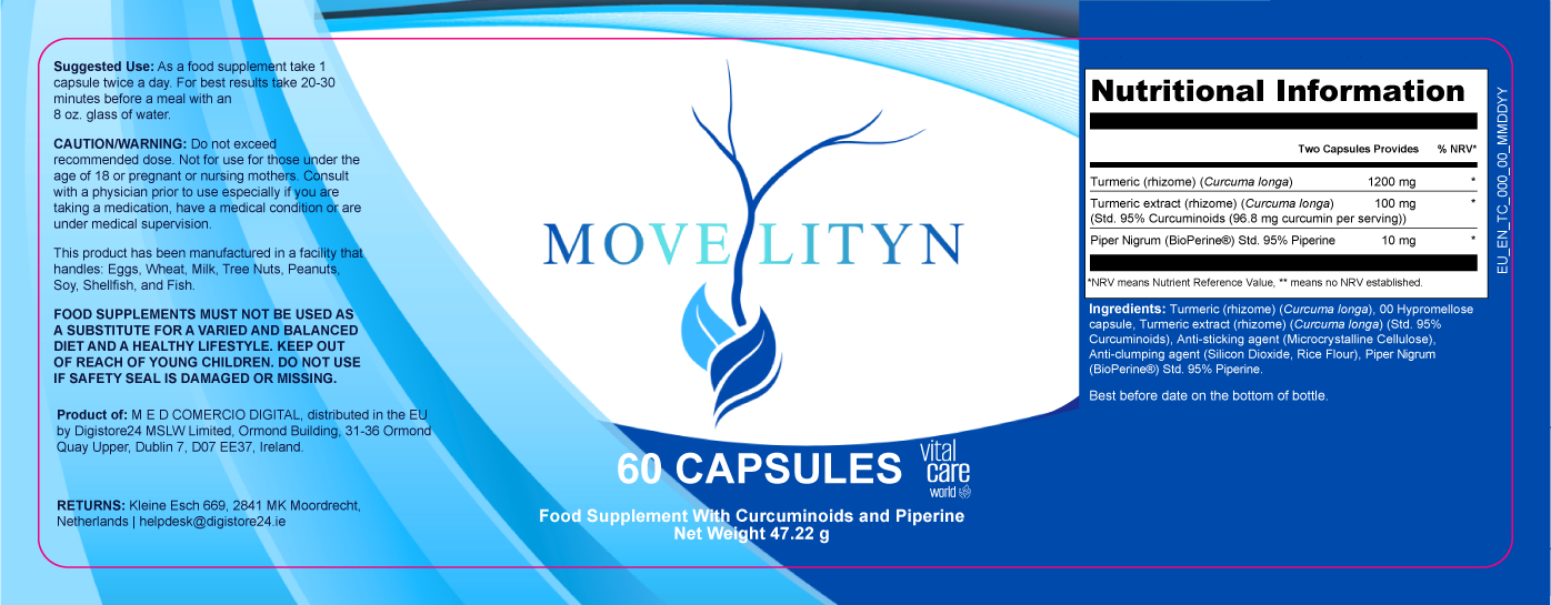 The Movelityn label with nutritional information and ingredients. Food supplement with curcuminoids and piperine, 60 capsules, net weight 47.22 g. Two capsules provide: turmeric (rhizome) (Curcuma longa) 1200 mg; turmeric extract (rhizome) (Curcuma longa) 100 mg, standardised to 95% curcuminoids (96.8 mg curcumin per serving); Piper nigrum (BioPerine) standardised to 95% piperine 10 mg; no NRV established. Ingredients: turmeric (rhizome), 00 hypromellose capsule, turmeric extract (standardised to 95% curcuminoids), anti-sticking agent (microcrystalline cellulose), anti-clumping agent (silicon dioxide, rice flour), Piper nigrum (BioPerine) standardised to 95% piperine. Suggested use: 1 capsule twice a day, for best results 20 to 30 minutes before a meal with an 8 oz glass of water. Cautions: do not exceed recommended dose; not for those under 18 or pregnant or nursing mothers; consult a physician before use if taking medication, having a medical condition or under medical supervision. Allergen statement and the distributor, Digistore24 MSLW Limited, Dublin, Ireland, with a returns address in the Netherlands.